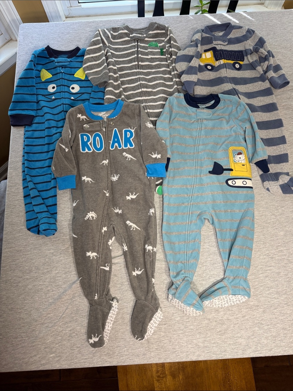 9 months- Carter's Blue, Gray and Teal Striped & Dino Footed Pajama Bundle